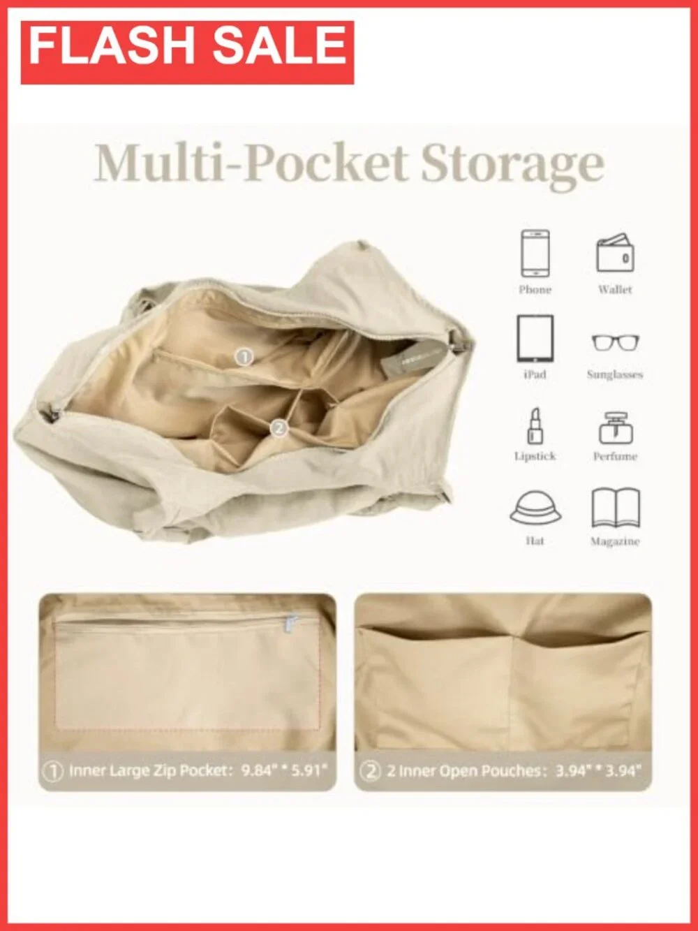 Nylon Slouchy Knotted Hobo Shoulder Bag Multi-Pocket Everyday Purse